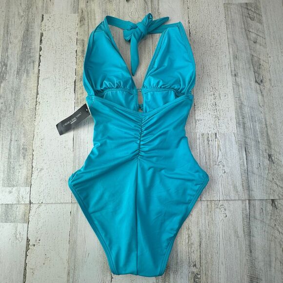 Carmen Marc Valvo Women's Standard Deep V-Neck Halter One Piece size 6 - Picture 2 of 9